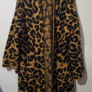 Long Leopard Print Open Cardigan W/pockets